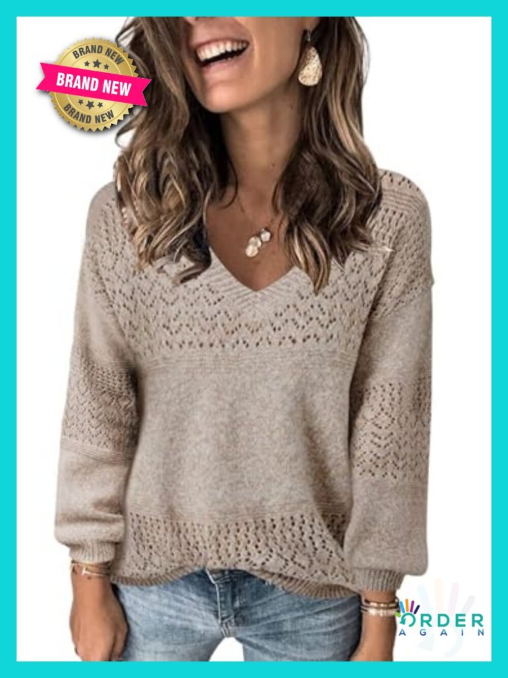 Women's V-Neck Long Sleeve Hollow Knit Pullover Sweater 100% Polyester